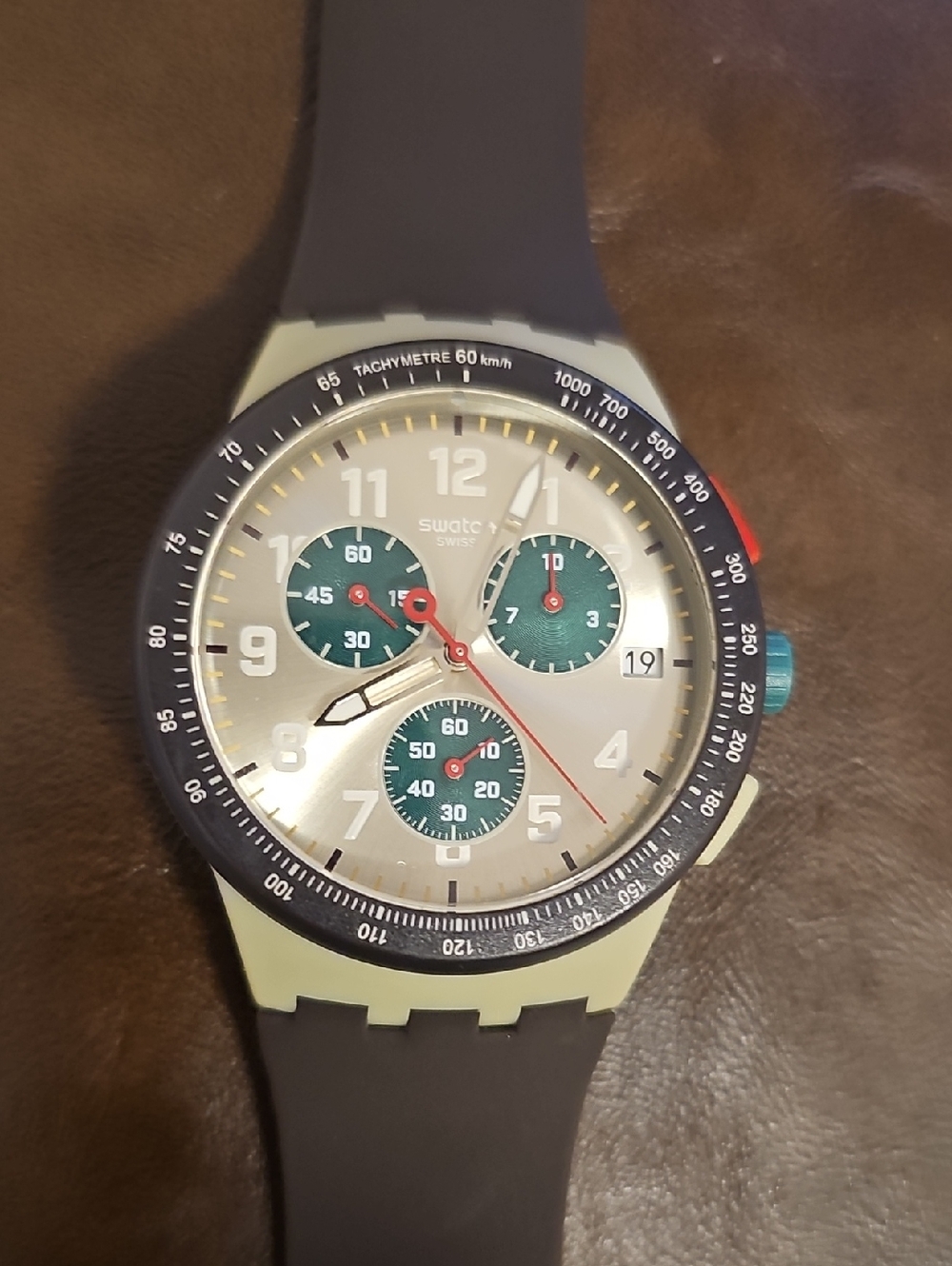 Swatch Chronograph Watch in Olive Green, Black and Silver